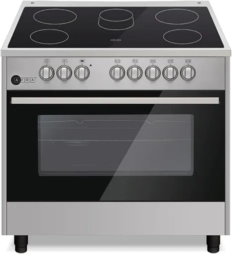 AFRA freestanding electric cooking range in stainless steel with rotisserie and closed-door grilling.