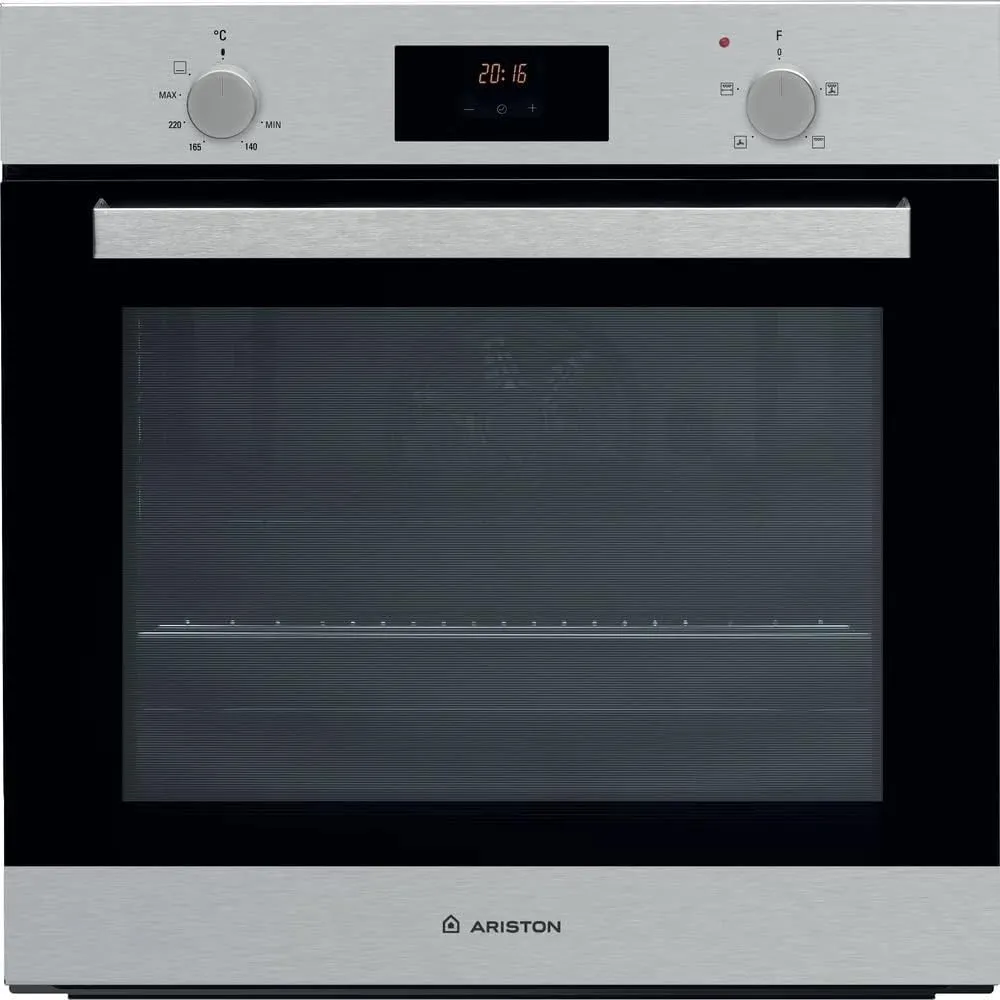 Ariston 60 cm electric built-in oven with digital display, multifunction cooking, and pyrolytic cleaning.