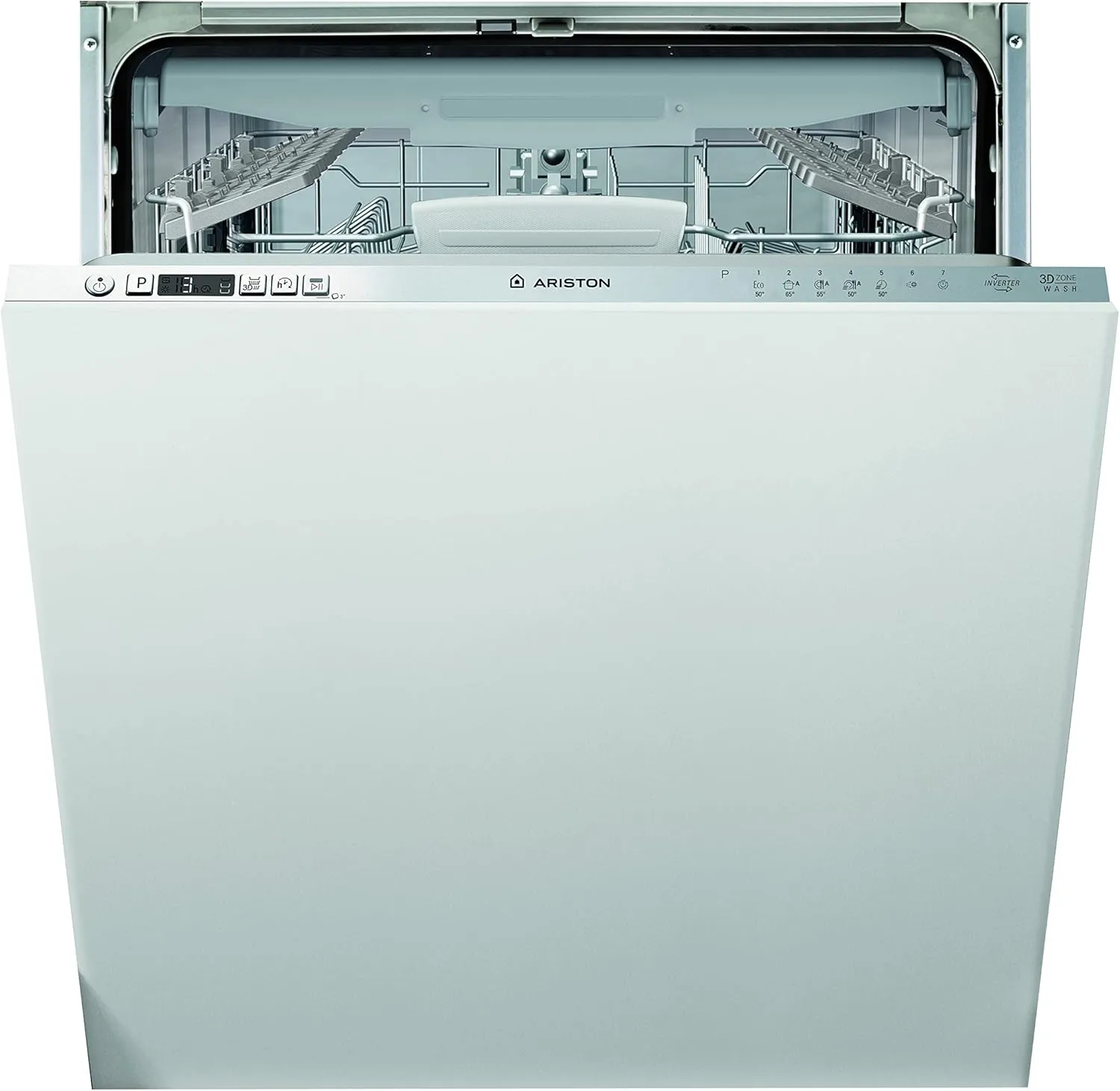 Ariston 60 cm fully integrated dishwasher with 14 place settings, 7 programs, and inverter motor.