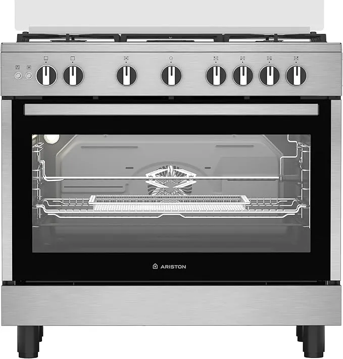Ariston 90cm 5-burner stainless steel gas cooker with built-in air fryer, fan-assisted self-cleaning oven, auto ignition, and cast iron support.