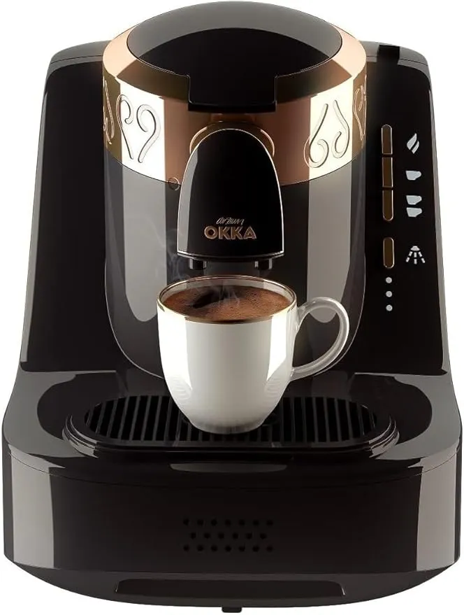 Arzum Okka automatic Turkish coffee maker OK001B in black and copper finish.