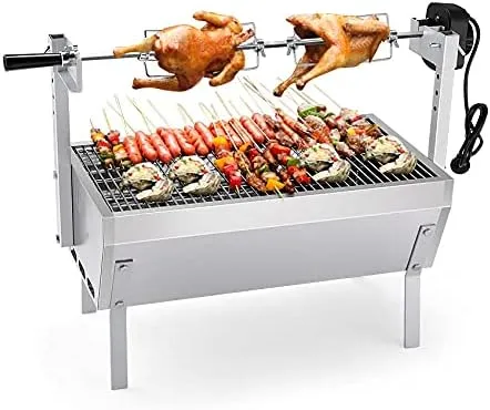 Portable rotisserie BBQ grill designed for roasting chicken, beef, and lamb.