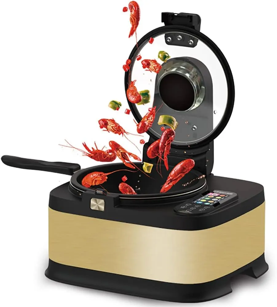 Automatic smart cooking machine with 360° rotation, voice control, and touch screen rice cooker.