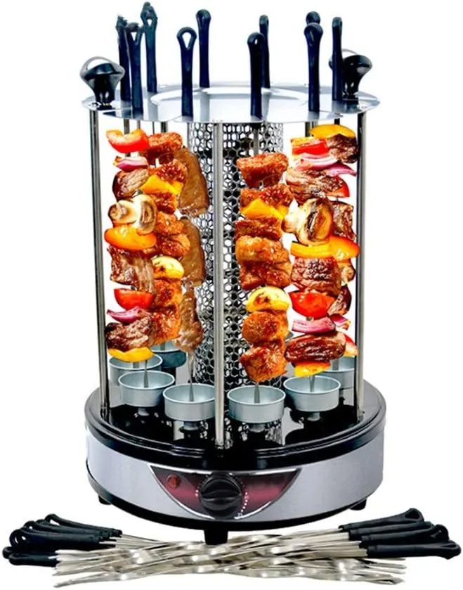 Smokeless grill with automatic rotating skewers for kebabs and BBQ.