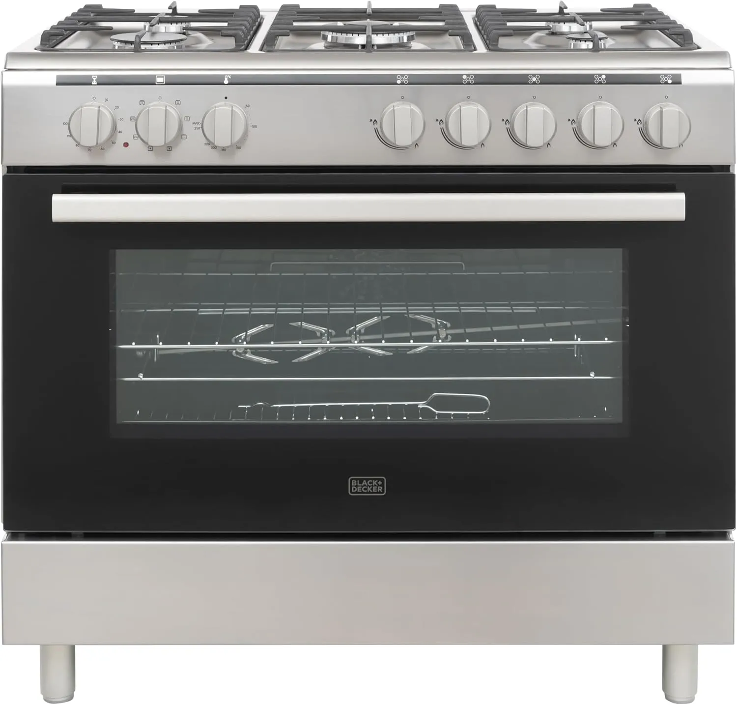 BLACK+DECKER 90 cm electric 5-burner range cooker with large oven and stainless steel finish.