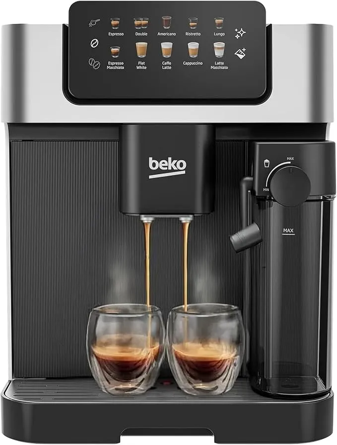 Beko CEG7304X stainless steel automatic bean-to-cup coffee machine with LCD touch display, 2L water tank, and milk container.