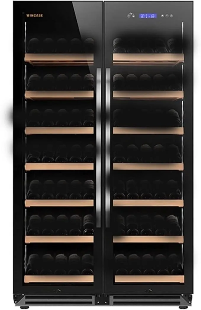 Birnn side-by-side wine fridge with dual glass doors and stainless steel finish.