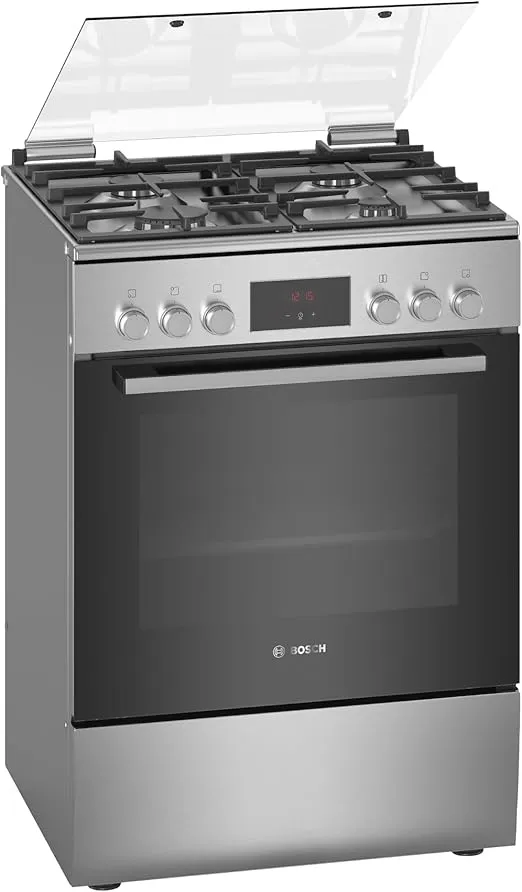Bosch 66L freestanding gas cooker with 4 burners, 3D Hotair oven, and stainless steel finish (HXQ38AE50M).