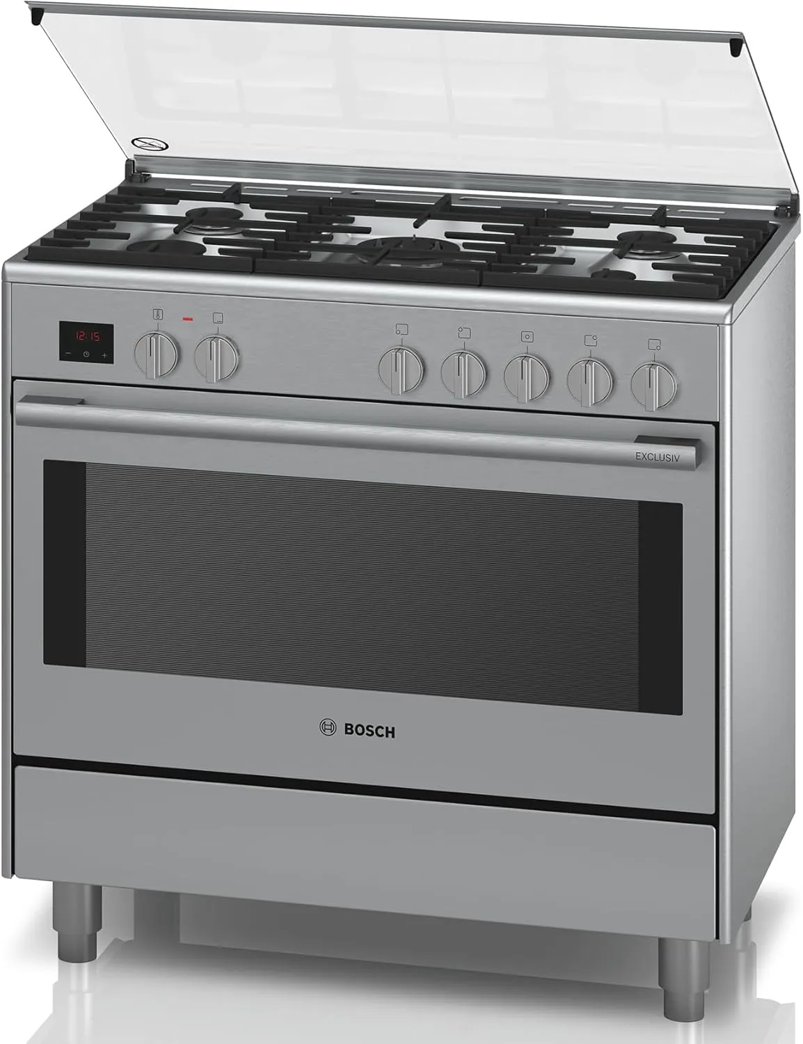 Bosch Serie 8 HSB738357M 90 cm dual-fuel range cooker with 5-burner gas hob and large electric oven.