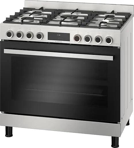Bosch Series 8 gas range cooker HIZ5G7W50M in stainless steel with cast iron pan supports.