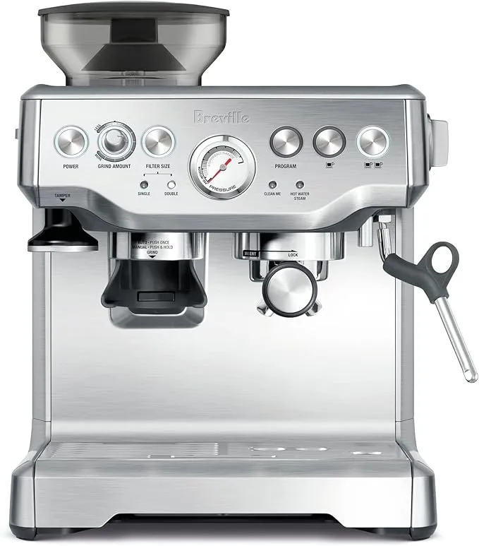Breville Barista Express BES870 espresso machine in brushed stainless steel, silver, bean-to-cup coffee maker.