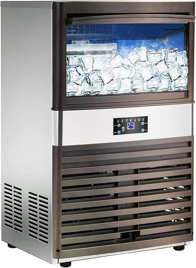 CIADAZ commercial ice maker producing 265lbs per 24 hours with 121lbs storage bin and LCD panel.