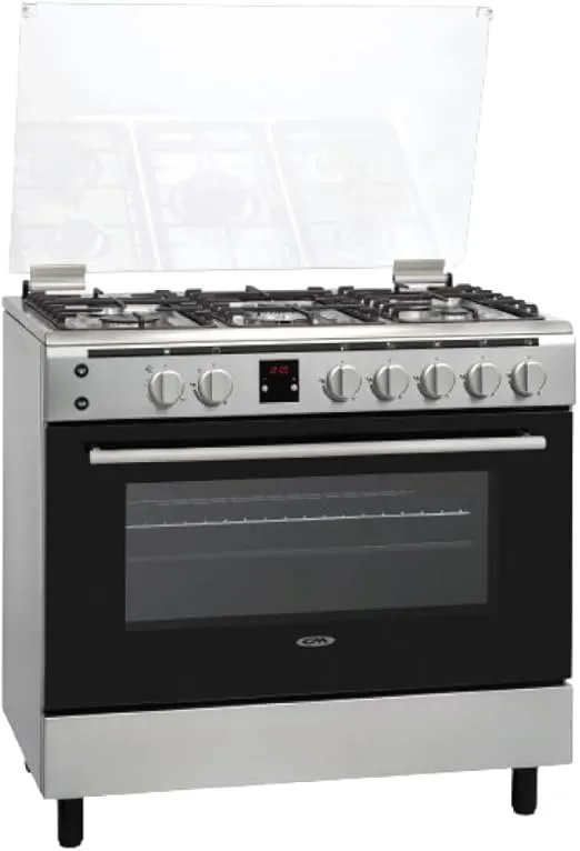 CM freestanding gas cooker with 5 burners, enamel pan support, gas oven, and grill.