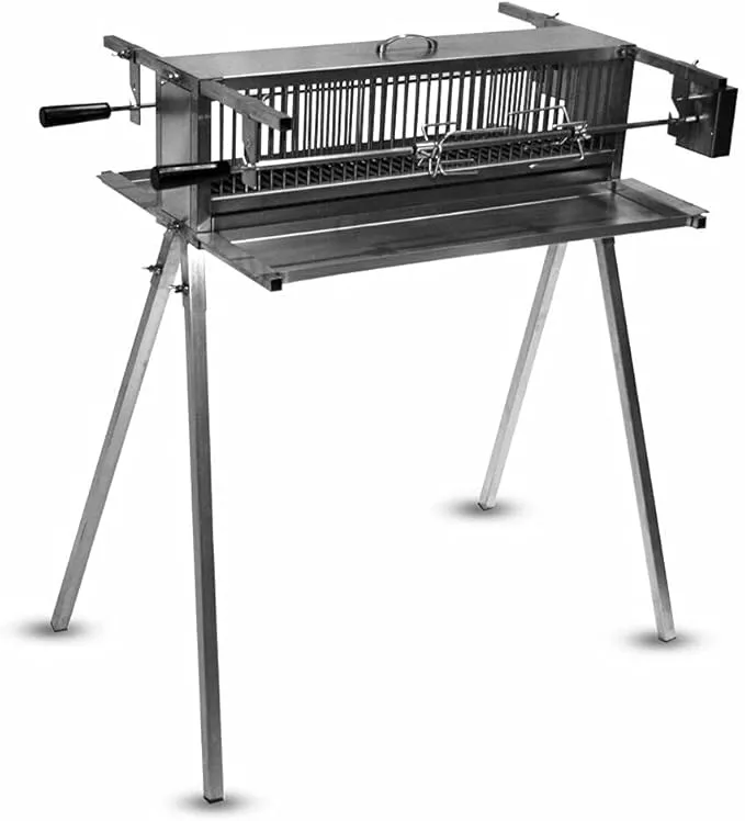 Charcoal rotisserie grill with twin spits designed for grilling chicken for kids.
