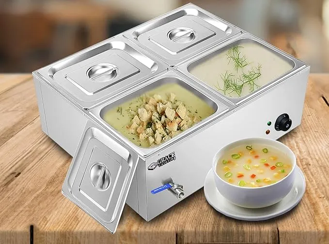 ChefMaster 4-pan electric bain marie steaming food for buffet service.
