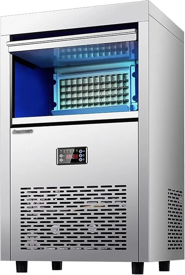 Commercial countertop ice maker in stainless steel with automatic ice production.