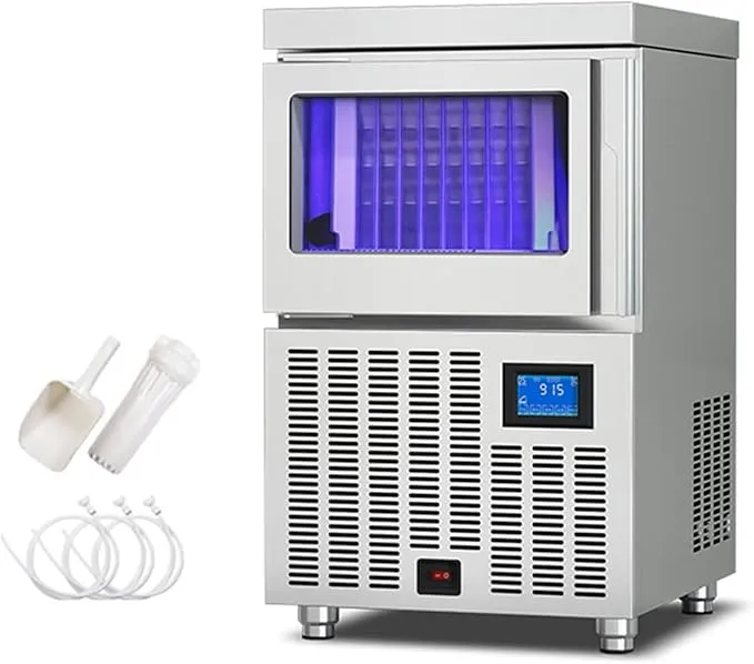 Commercial crescent ice maker with 66lbs storage, touch screen, and self-cleaning feature.