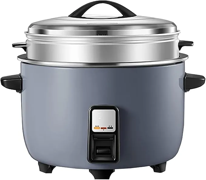 Commercial large rice cooker with non-stick pot and automatic keep-warm function for bulk cooking.