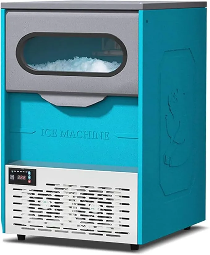 Commercial stainless steel snowflake ice maker with touch screen control.