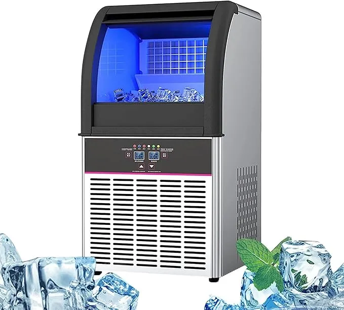 Commercial under-counter ice maker with bin, stainless steel body, LCD display, and self-cleaning feature.