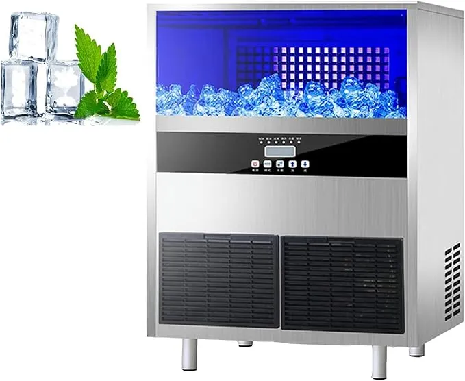 Commercial vertical ice maker with high-power automatic ice cube production.