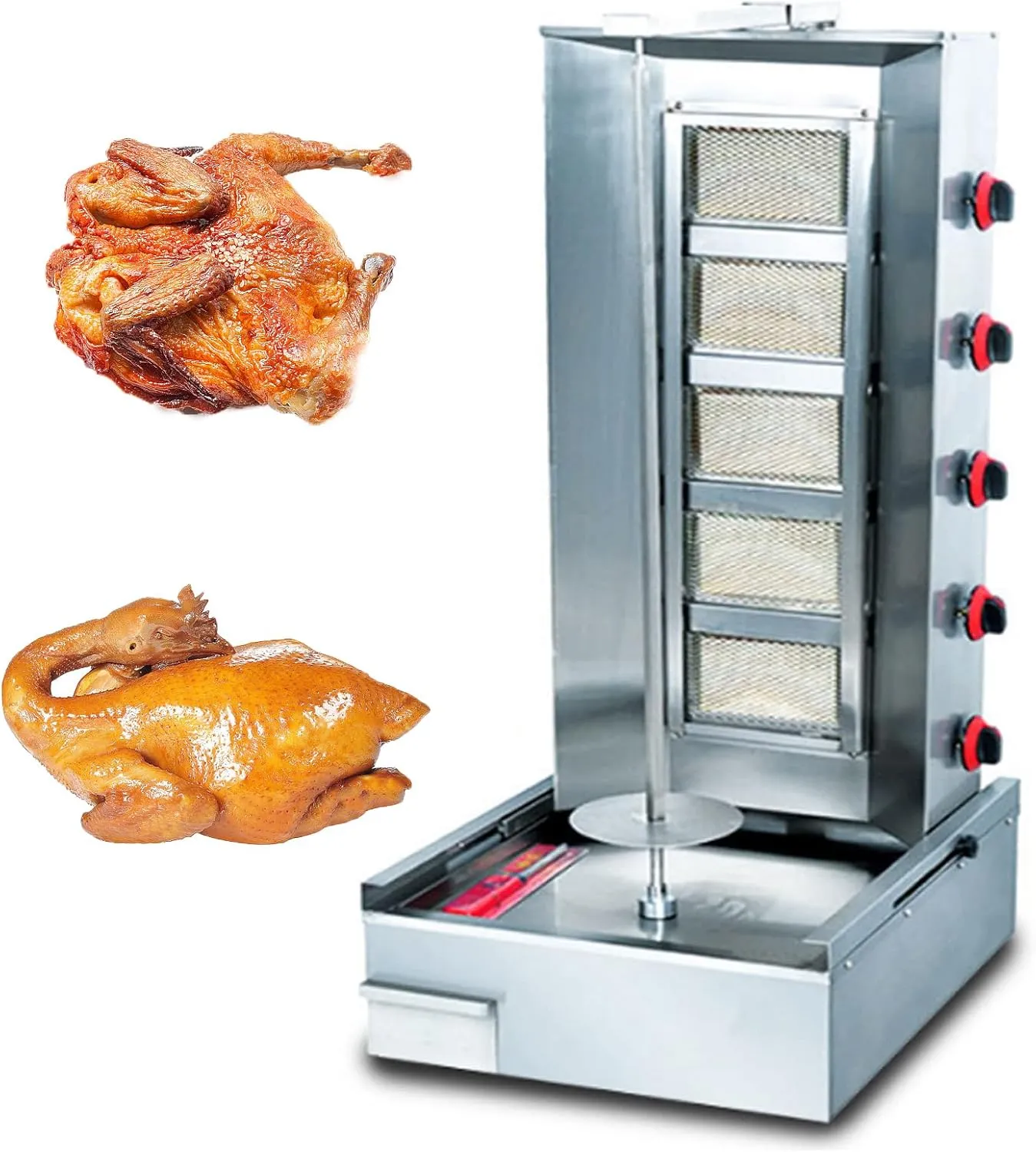 Commercial gas-powered vertical rotisserie for roasting shawarma, kebabs, and chicken.