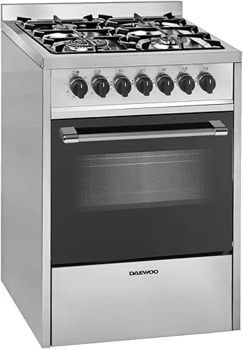 DAEWOO 4-burner multifunction cooker with gas hob, electric oven, convection fan, and cast iron grid.