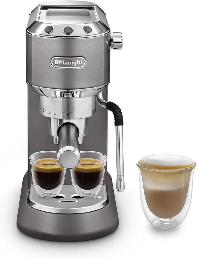 De'Longhi Dedica Arte espresso machine in compact steel design with professional tamper.