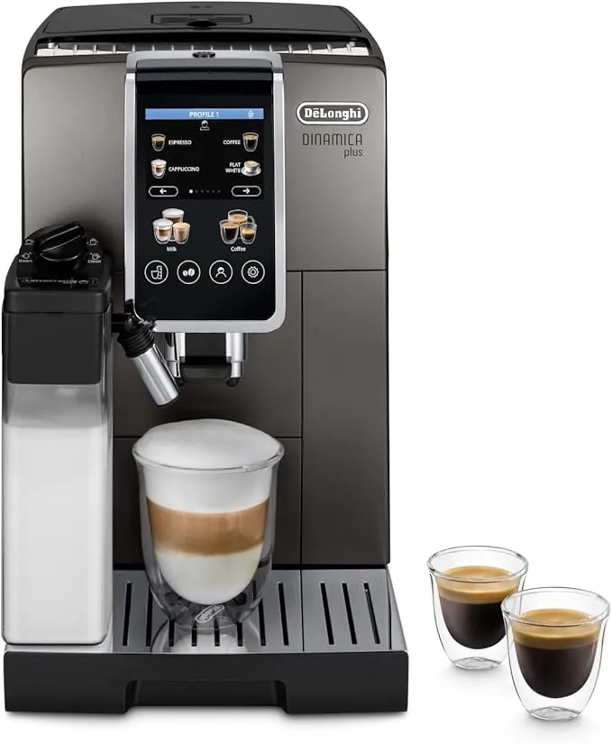 De'Longhi Dinamica Plus fully automatic bean-to-cup coffee machine for espresso, cappuccino, and latte.