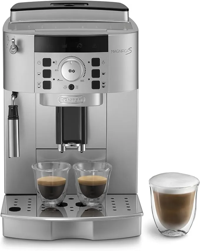 De'Longhi fully automatic silver bean-to-cup coffee machine with one-touch espresso, cappuccino, and latte options.