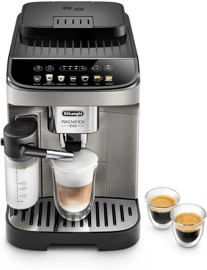 De'Longhi Magnifica EVO fully automatic bean-to-cup coffee machine in titanium and black with grinder and milk frother.