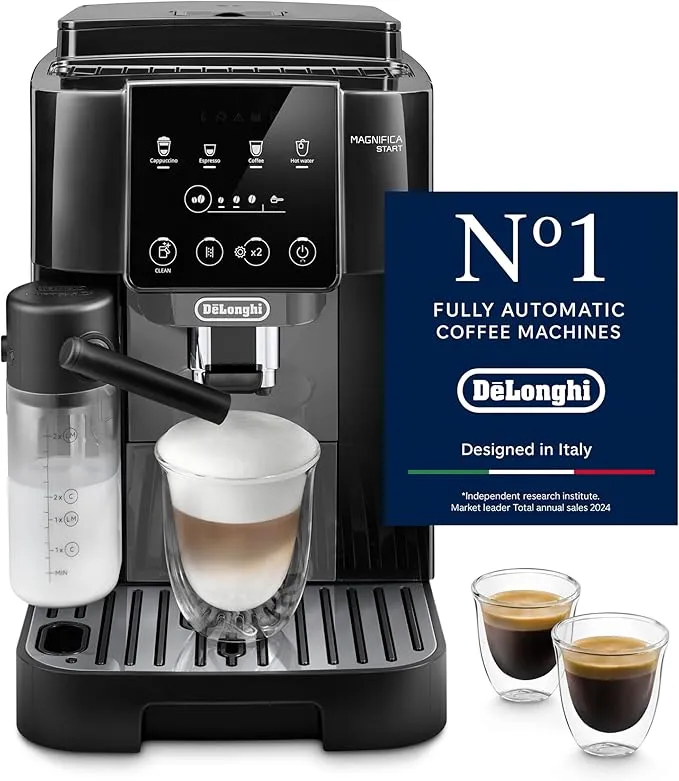 De'Longhi Magnifica Start fully automatic bean-to-cup coffee machine with one-touch recipes for espresso, Americano, cappuccino, and latte.