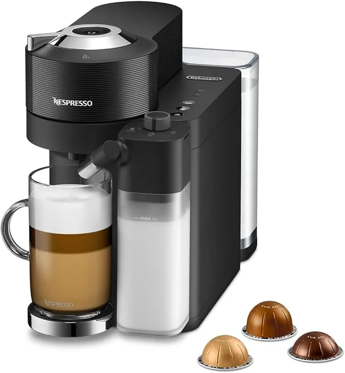De'Longhi Nespresso Vertuo Lattissima ENV300.B coffee machine in matte black with milk frother.
