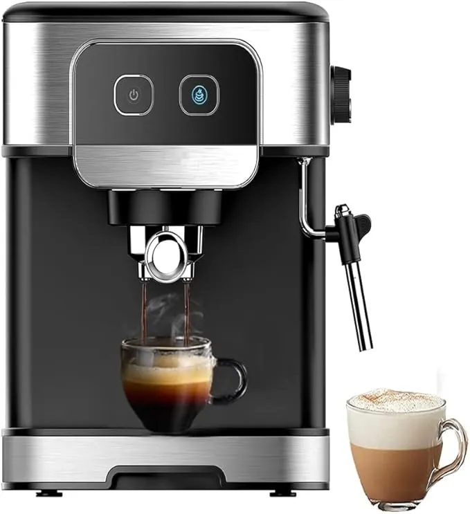 Electric coffee machine with milk frother for making cappuccino, latte, and creamy foam at home.