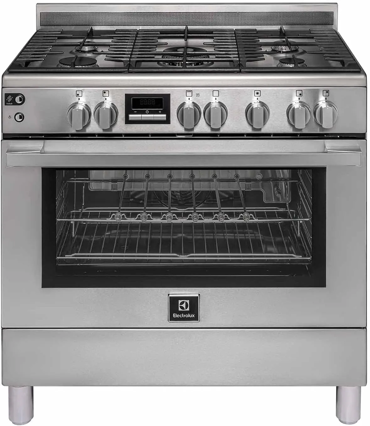 Electrolux 90 cm UltimateTaste 700 gas range cooker with 5-burner hob, 127L gas oven, and kebab rotisserie.