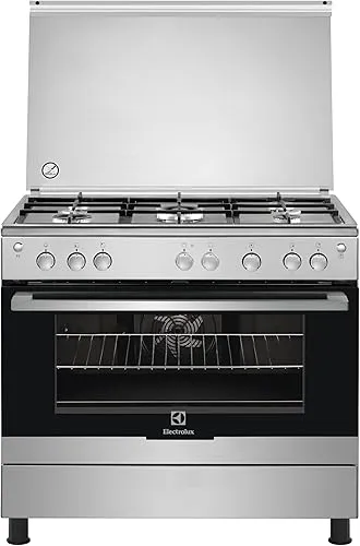 Electrolux freestanding stainless steel gas cooker with 5 burners, fan oven, and cast iron pan supports.