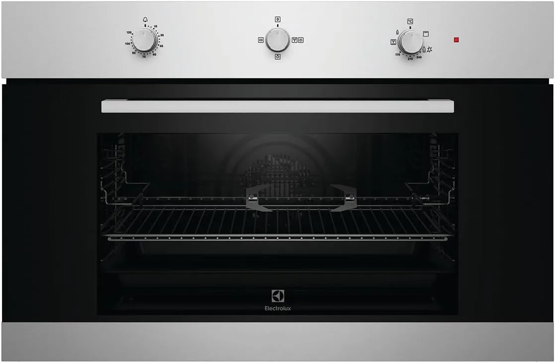 Electrolux UltimateTaste 300 stainless steel 90 cm built-in gas oven with 88L cavity and rotisserie.