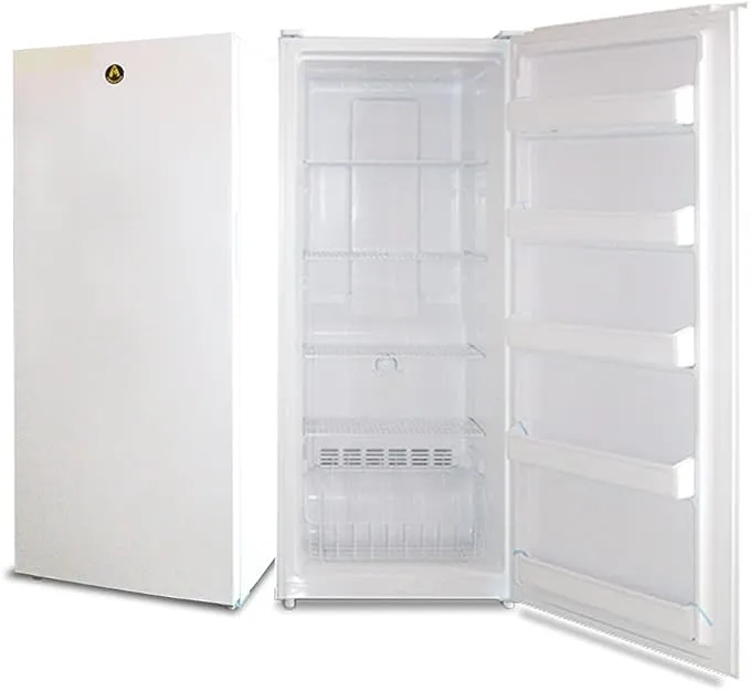 Emelcold white single door upright freezer with 5-year compressor warranty.