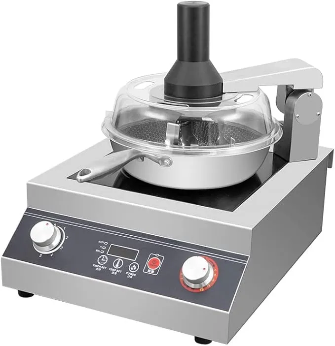 Full automatic commercial cooking machine for stir-fried rice and mixing with timer and adjustable heat and motor speeds.
