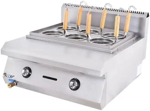 Gas countertop stainless steel pasta cooker with deep pot for commercial kitchens.
