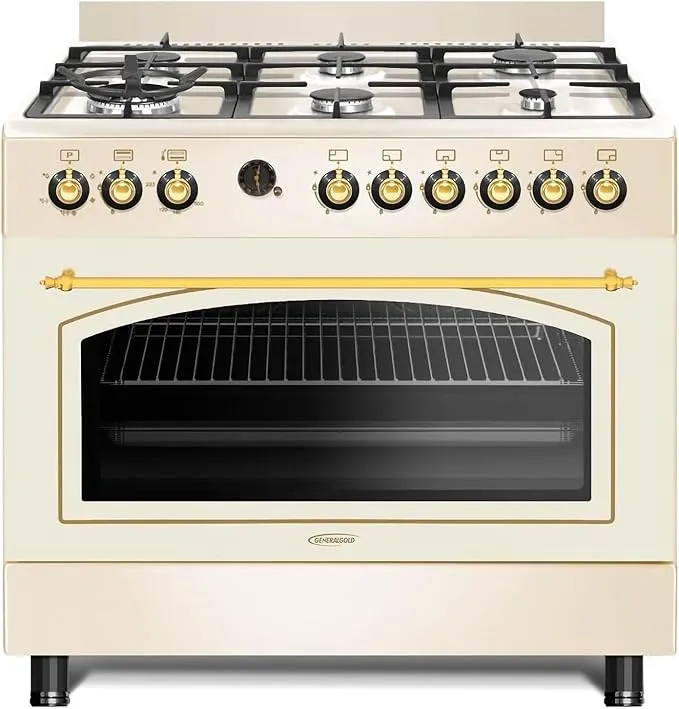 General Gold 90x60cm freestanding gas cooker with 6 burners, dual wok, gas oven, grill, and rotisserie.