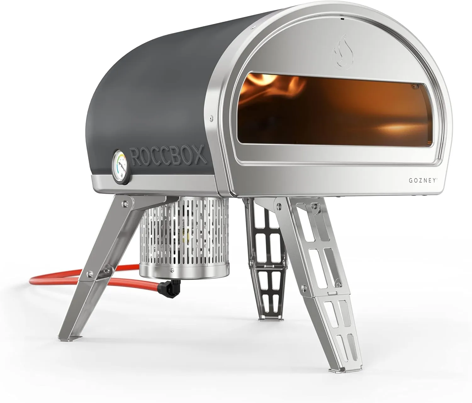 Gozney Roccbox portable outdoor built-in pizza oven with stone baking and wood-gas hybrid fuel.