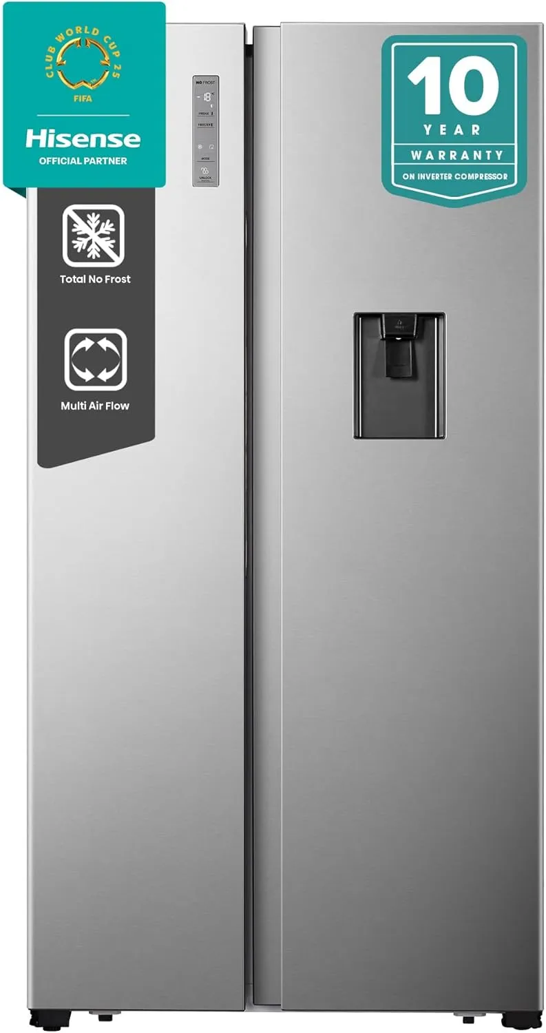 Hisense 670L Side-by-Side Refrigerator – Inverter Compressor, No Frost, Water Dispenser, Silver Finish