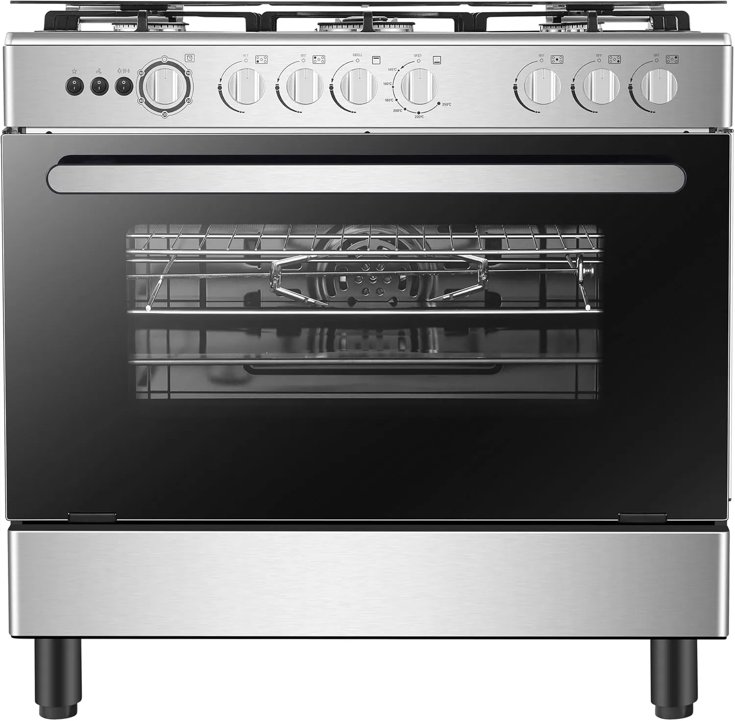Hisense 90 cm stainless steel freestanding gas cooker with 4 burners and electric ignition.