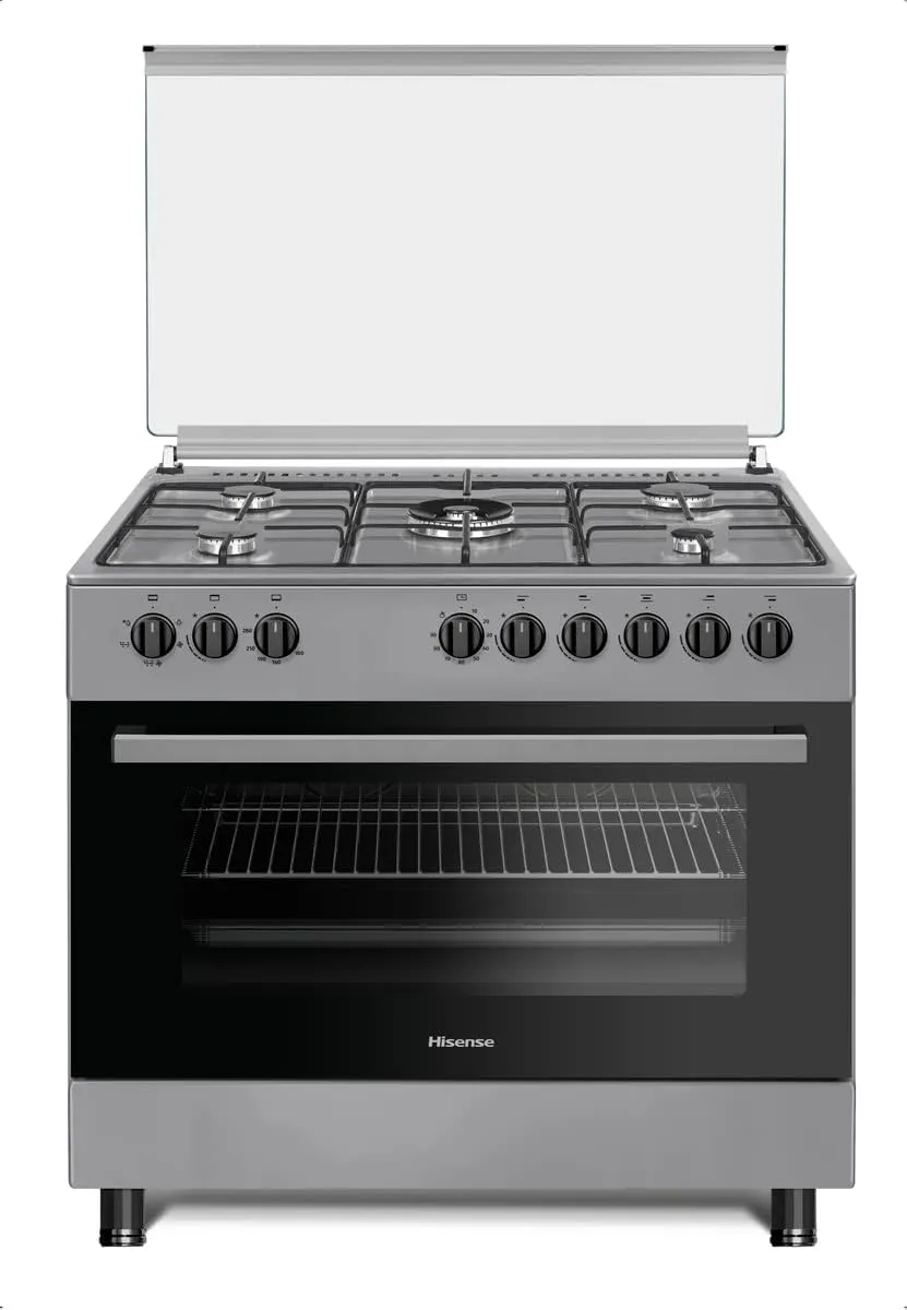 Hisense HGI9B20S 90 cm stainless steel dual-fuel range cooker with 5-burner gas hob and multifunction oven.