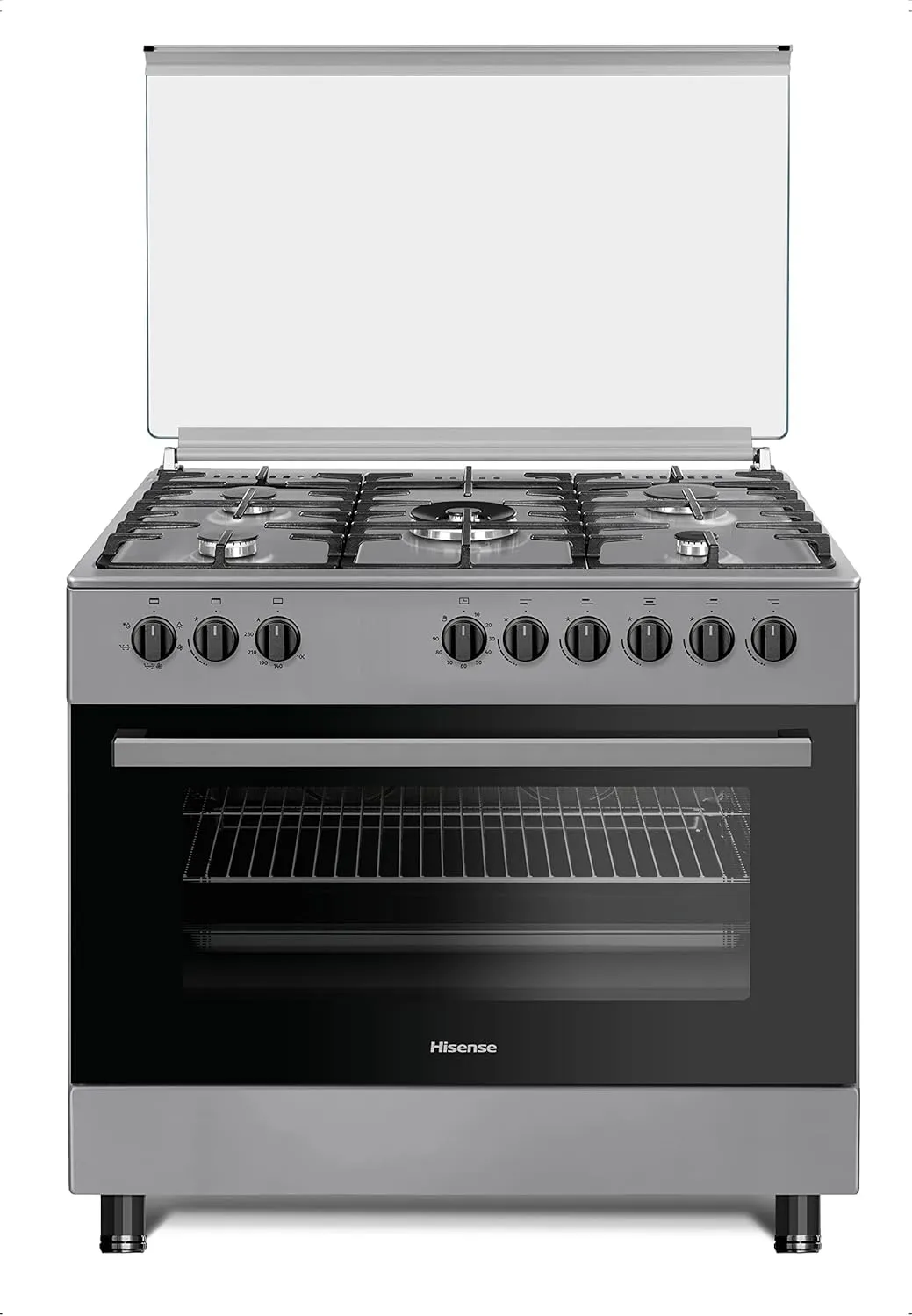 Hisense HGI9B21S 90 cm stainless steel freestanding dual-fuel range cooker with griddle and storage drawer.