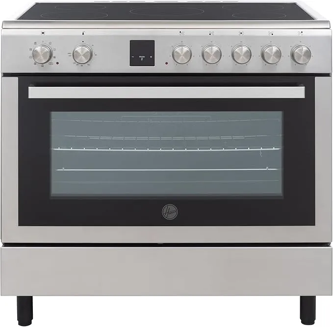 Hoover CM 90cm ceramic cooker with 5 cooking zones, multifunction oven, grill, and steel finish.