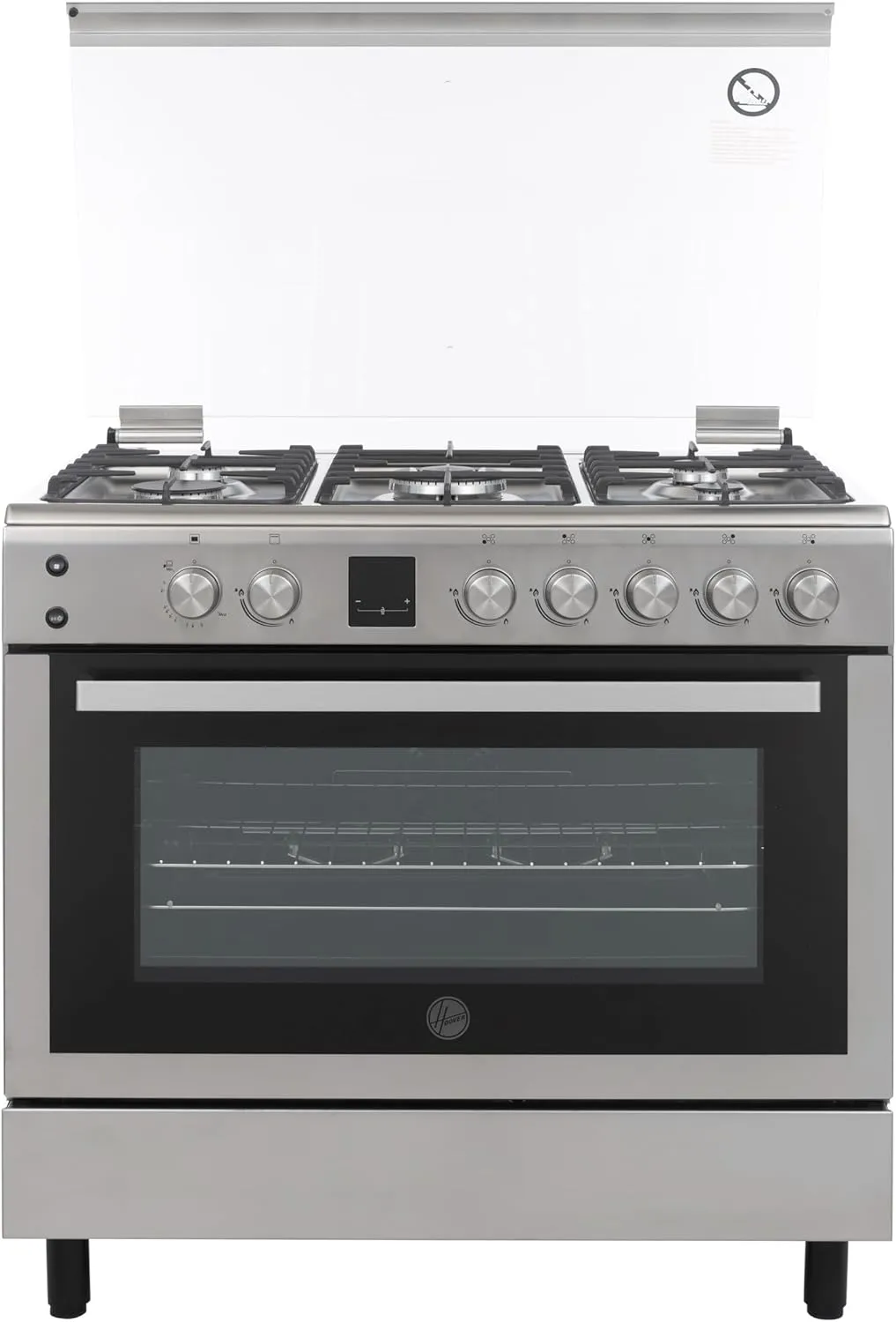 Hoover HGC-V95G-S stainless steel 90×60 cm 5-burner gas cooker with oven, grill, and rotisserie.