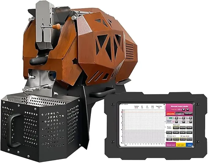 Intelligent commercial coffee roaster machine in yellow, 1200g capacity with temperature curve control, automatic chaff collector, and rapid cooling system.