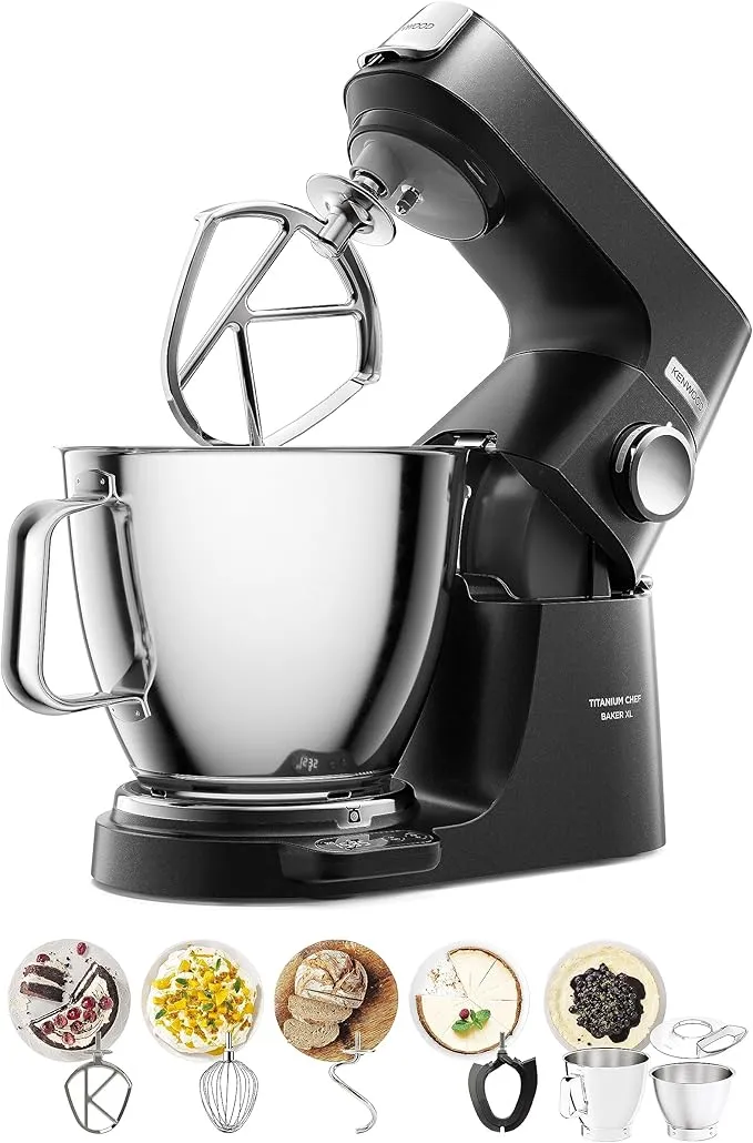 Kenwood Titanium Chef Baker XL stand mixer in black with metal body, DuoBowl (7L + 5L), and attachments.